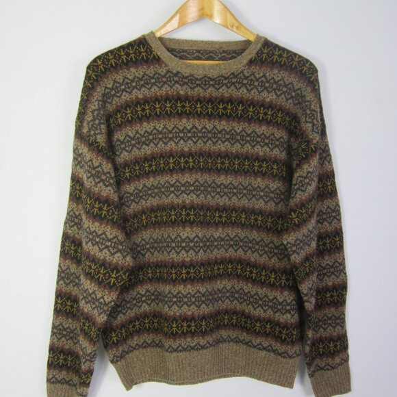 Geoffrey Beene Mens Large Brown Black Lambswool Fair Isle Sweater Crew Neck - Picture 8 of 8